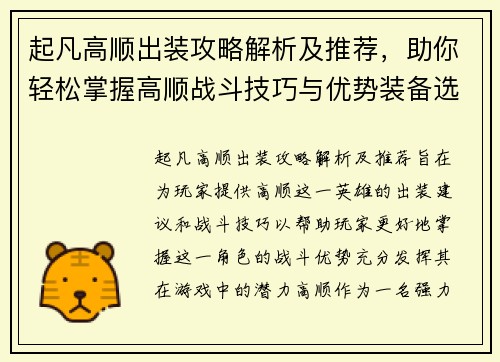 起凡高顺出装攻略解析及推荐，助你轻松掌握高顺战斗技巧与优势装备选择